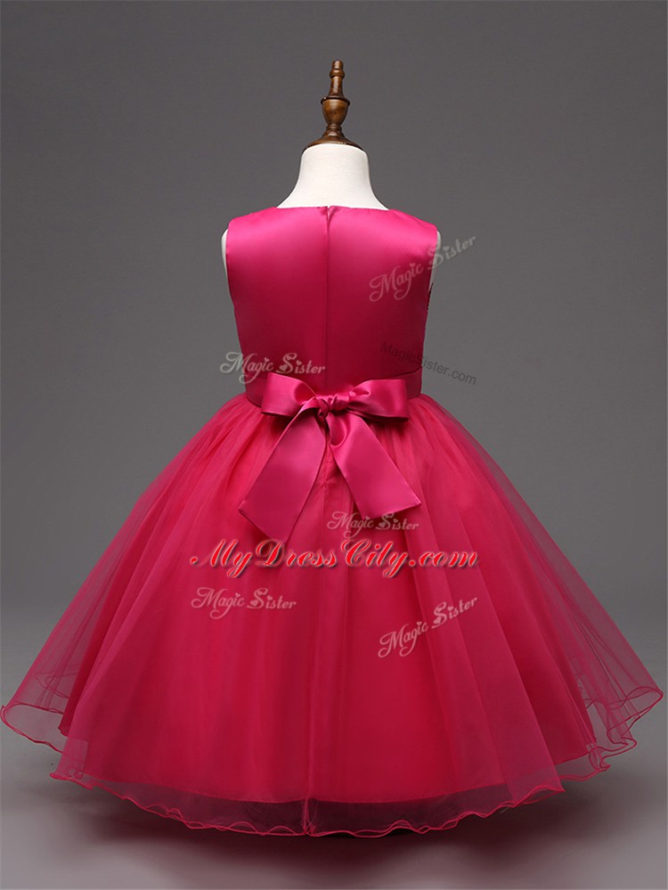 Stunning Hot Pink Ball Gowns Organza Scoop Sleeveless Sequins and Bowknot Tea Length Zipper Party Dress for Toddlers