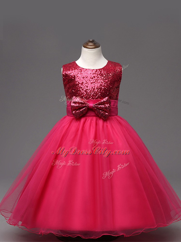 Stunning Hot Pink Ball Gowns Organza Scoop Sleeveless Sequins and Bowknot Tea Length Zipper Party Dress for Toddlers