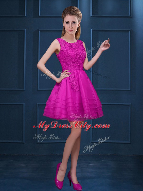 Fuchsia Zipper Scoop Lace and Ruffled Layers Quinceanera Court Dresses Tulle Sleeveless