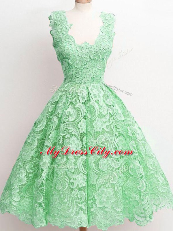 Green A-line Straps Sleeveless Lace Knee Length Zipper Lace Dama Dress