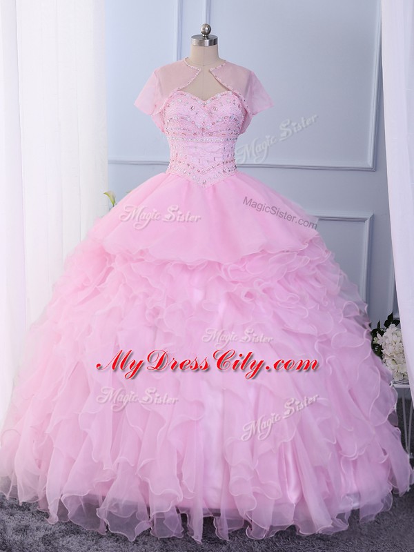 Glamorous Pink Sleeveless Floor Length Beading and Ruffles Lace Up Sweet 16 Quinceanera Dress