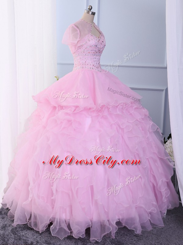 Glamorous Pink Sleeveless Floor Length Beading and Ruffles Lace Up Sweet 16 Quinceanera Dress