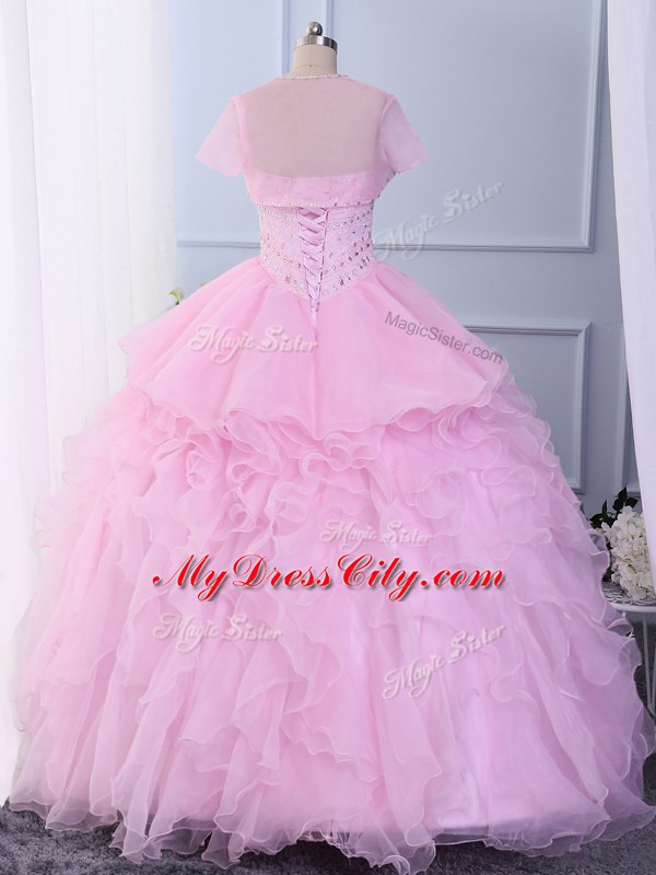 Glamorous Pink Sleeveless Floor Length Beading and Ruffles Lace Up Sweet 16 Quinceanera Dress