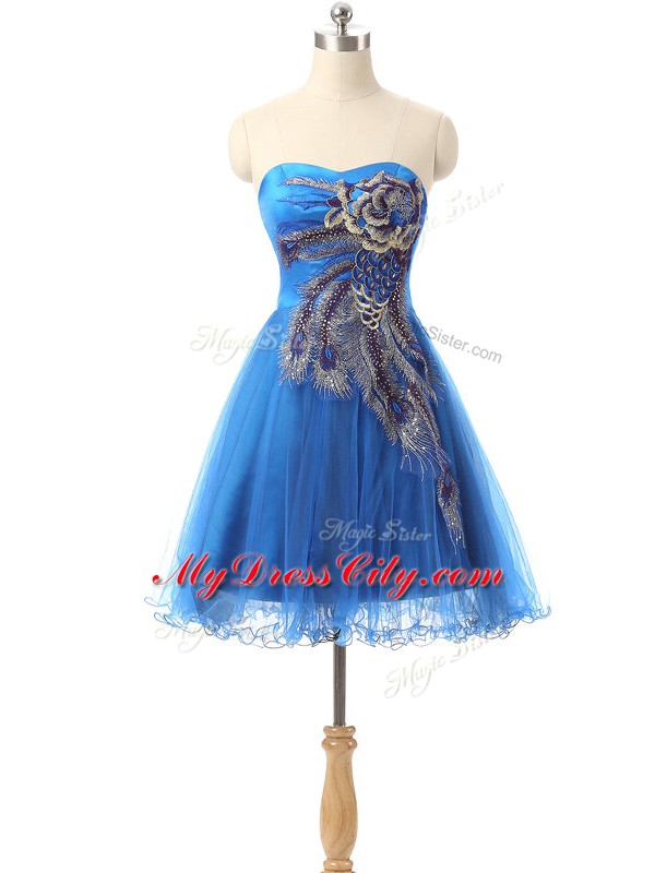 Blue Tulle Side Zipper Prom Dresses Sleeveless Mini Length Appliques