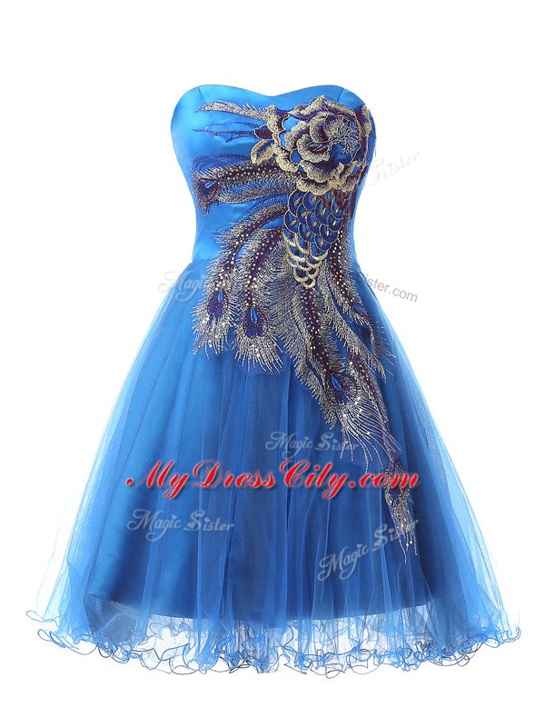 Blue Tulle Side Zipper Prom Dresses Sleeveless Mini Length Appliques