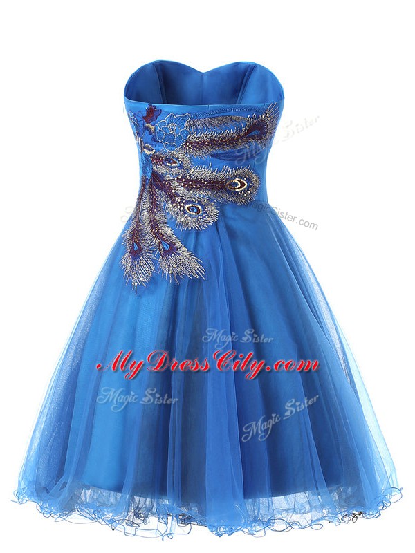 Blue Tulle Side Zipper Prom Dresses Sleeveless Mini Length Appliques