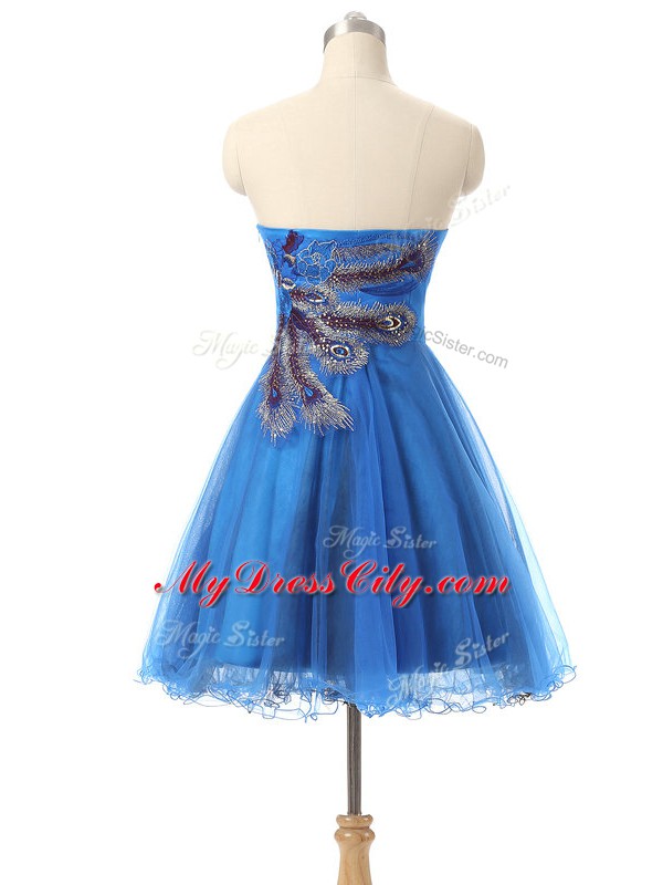 Blue Tulle Side Zipper Prom Dresses Sleeveless Mini Length Appliques