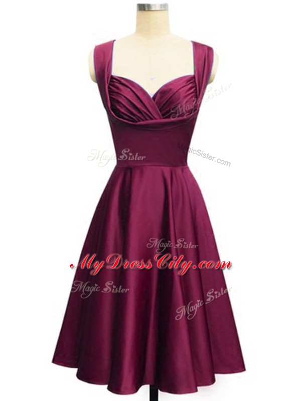 Designer Burgundy Lace Up Wedding Party Dress Ruching Sleeveless Knee Length