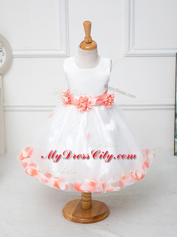 Sleeveless Knee Length Appliques and Hand Made Flower Zipper Flower Girl Dresses for Less with White