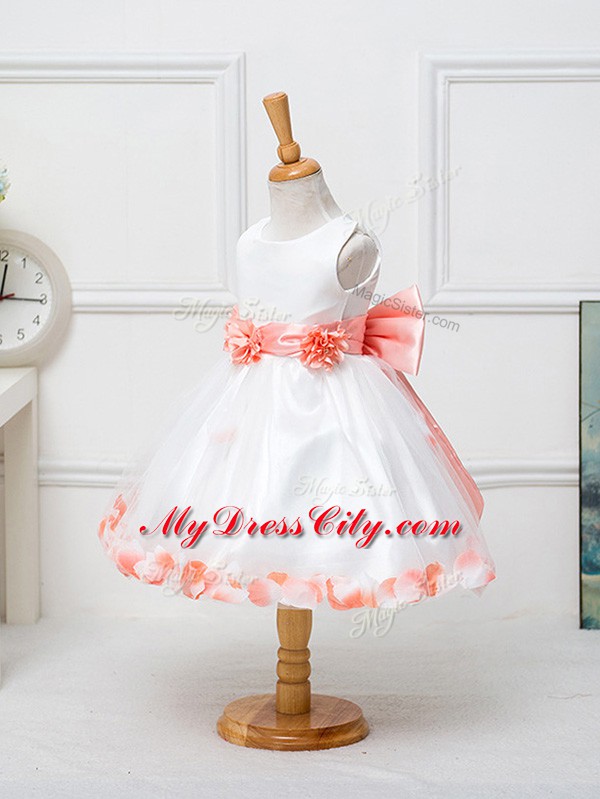 Sleeveless Knee Length Appliques and Hand Made Flower Zipper Flower Girl Dresses for Less with White