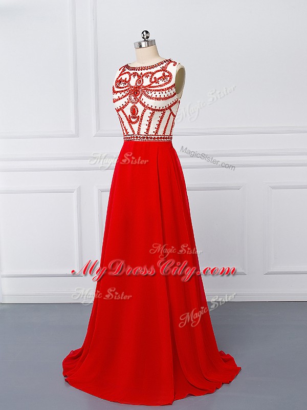 Dynamic Scoop Sleeveless Chiffon Dress for Prom Beading Sweep Train Side Zipper