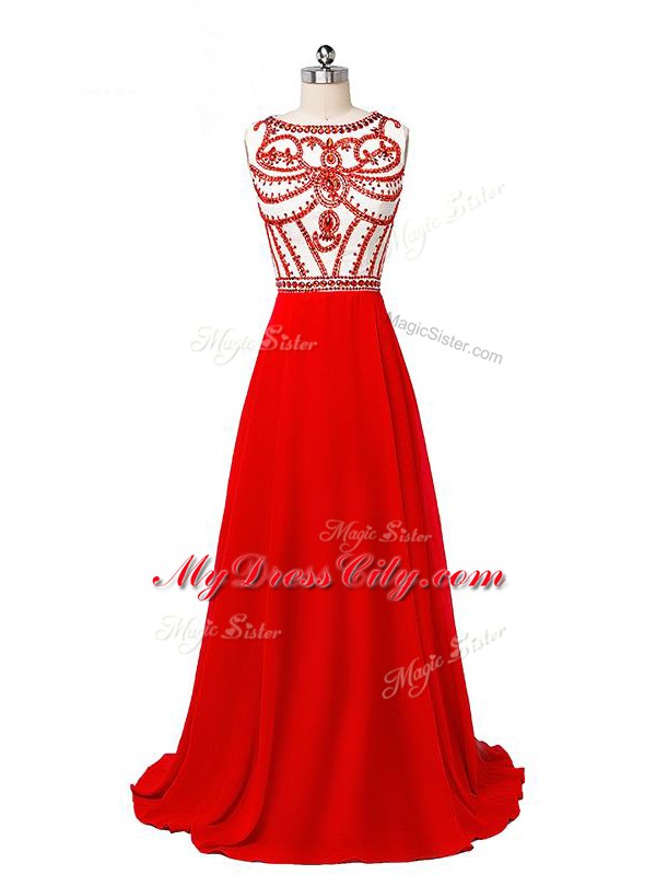 Dynamic Scoop Sleeveless Chiffon Dress for Prom Beading Sweep Train Side Zipper