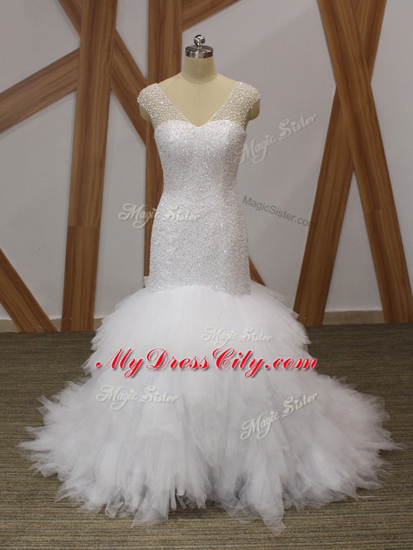 Decent Sleeveless Brush Train Lace Up Beading and Ruffles Wedding Gown