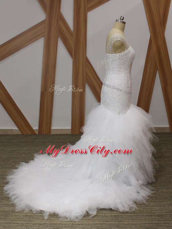 Decent Sleeveless Brush Train Lace Up Beading and Ruffles Wedding Gown