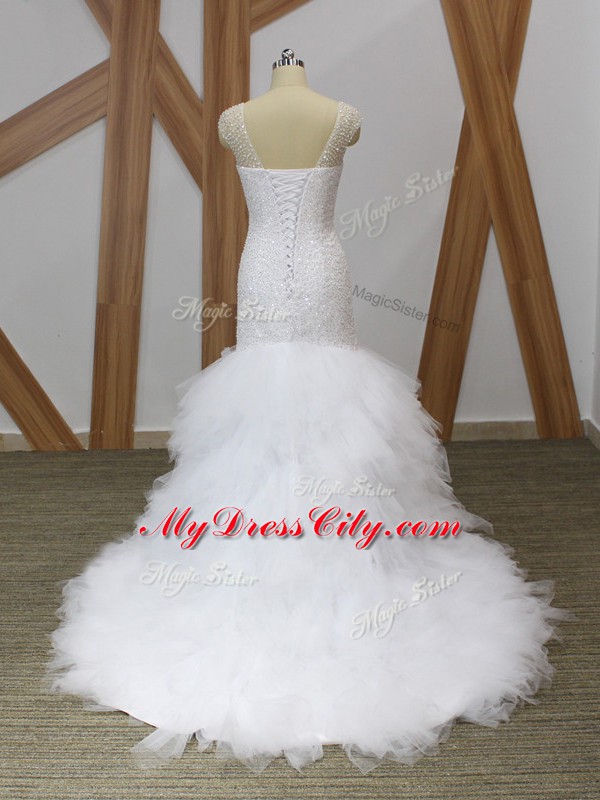 Decent Sleeveless Brush Train Lace Up Beading and Ruffles Wedding Gown