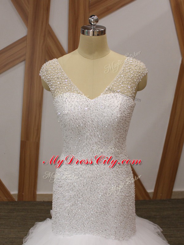 Decent Sleeveless Brush Train Lace Up Beading and Ruffles Wedding Gown