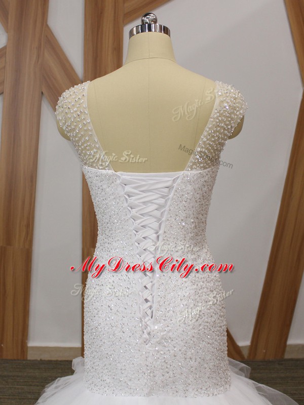 Decent Sleeveless Brush Train Lace Up Beading and Ruffles Wedding Gown