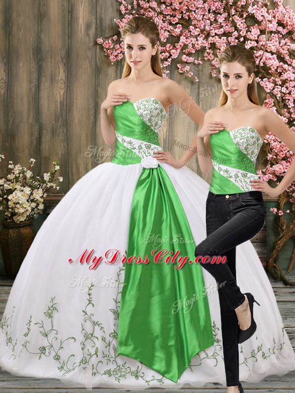 Modern Embroidery and Belt Sweet 16 Dress White Lace Up Sleeveless Floor Length