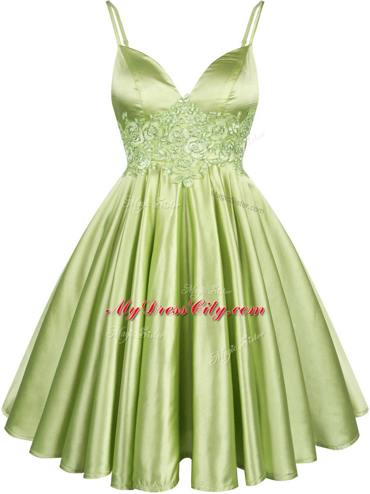 Vintage A-line Bridesmaid Dress Yellow Green Spaghetti Straps Elastic Woven Satin Sleeveless Knee Length Lace Up