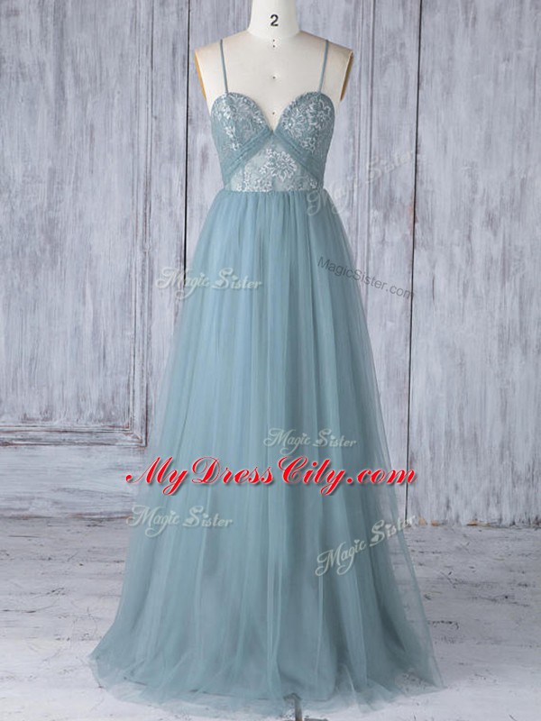 Glamorous Grey Sleeveless Floor Length Appliques Criss Cross Bridesmaid Gown