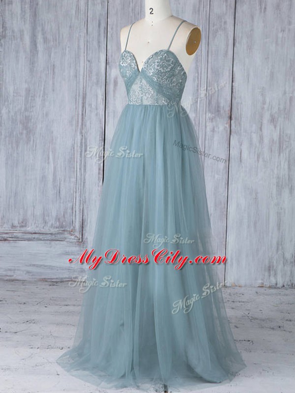 Glamorous Grey Sleeveless Floor Length Appliques Criss Cross Bridesmaid Gown