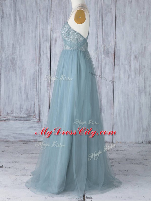 Glamorous Grey Sleeveless Floor Length Appliques Criss Cross Bridesmaid Gown