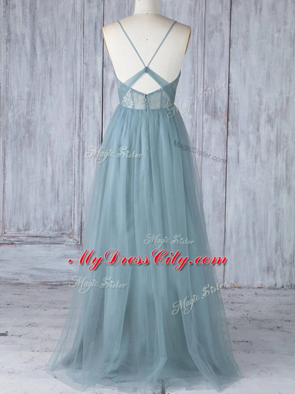 Glamorous Grey Sleeveless Floor Length Appliques Criss Cross Bridesmaid Gown