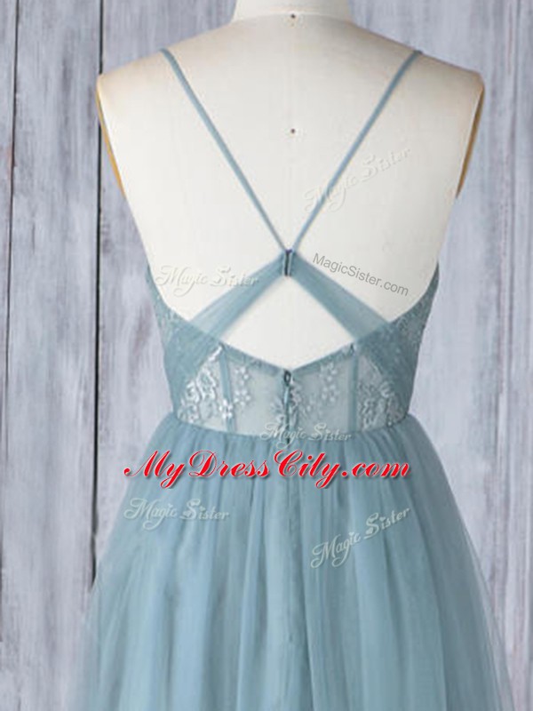 Glamorous Grey Sleeveless Floor Length Appliques Criss Cross Bridesmaid Gown