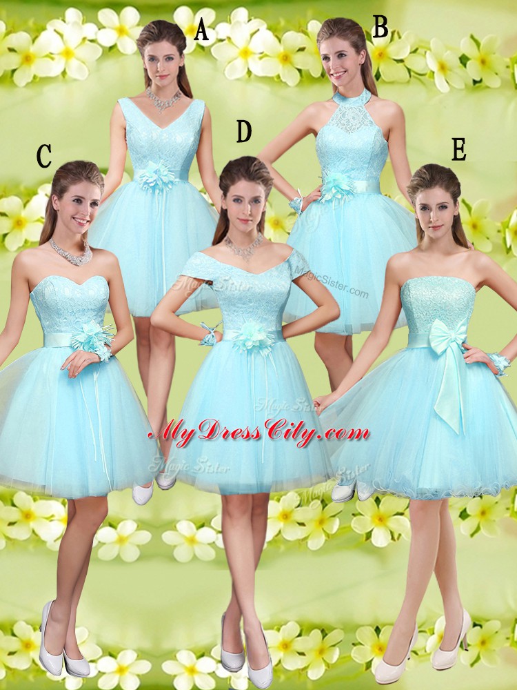 Customized Sweetheart Sleeveless Wedding Party Dress Knee Length Lace and Belt Aqua Blue Tulle