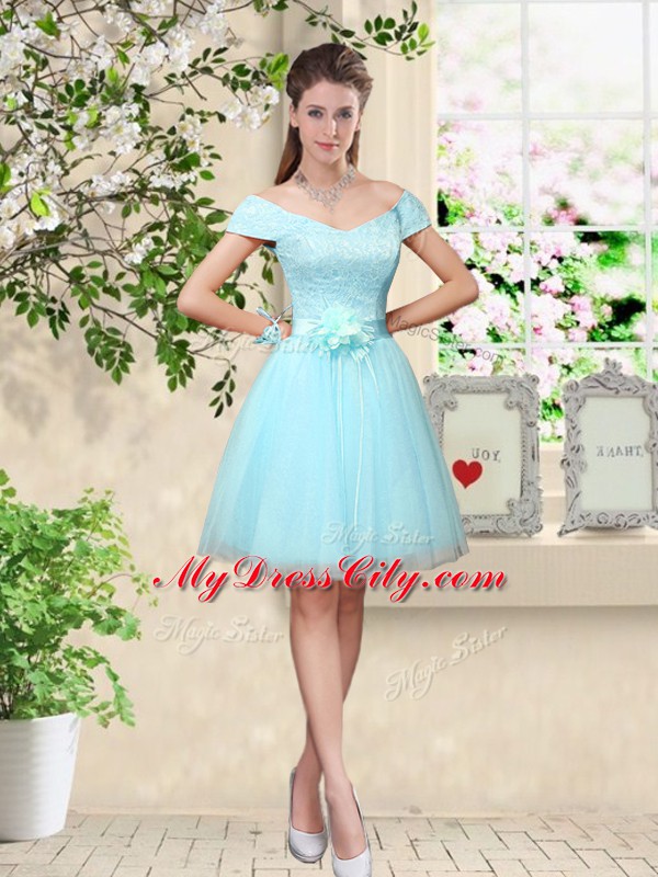 Customized Sweetheart Sleeveless Wedding Party Dress Knee Length Lace and Belt Aqua Blue Tulle