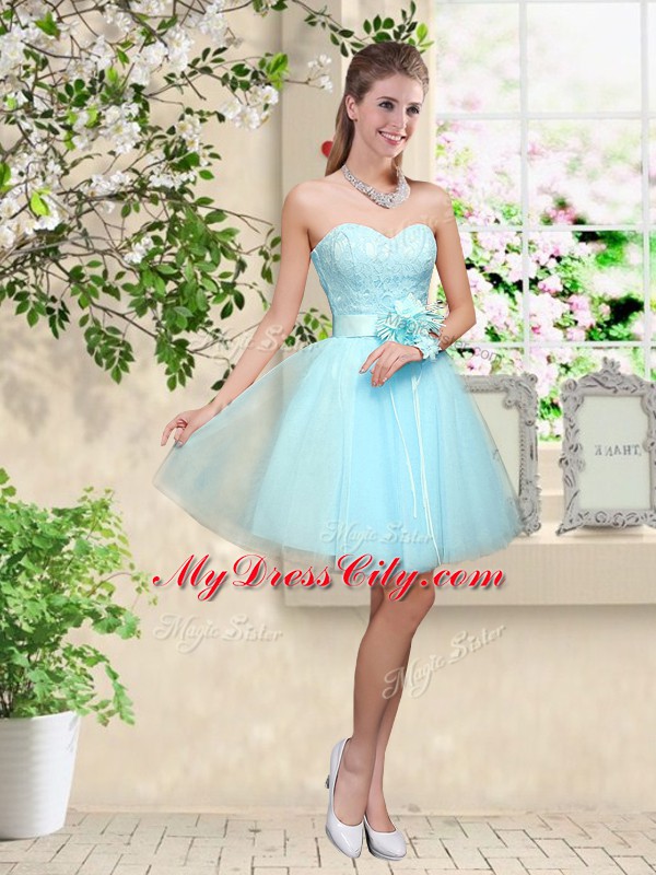 Customized Sweetheart Sleeveless Wedding Party Dress Knee Length Lace and Belt Aqua Blue Tulle