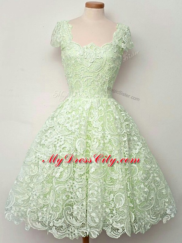 Best Knee Length A-line Cap Sleeves Yellow Green Quinceanera Court of Honor Dress Lace Up