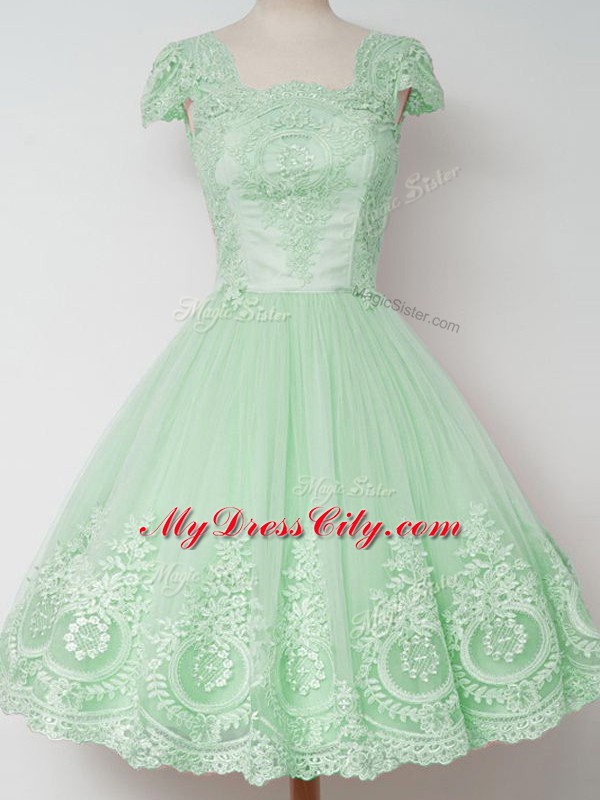 Dramatic Apple Green Square Zipper Lace Wedding Guest Dresses Cap Sleeves