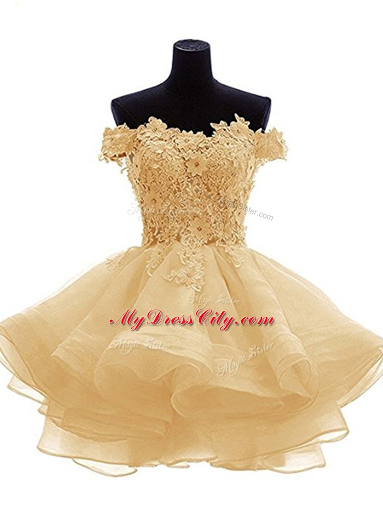 Gold Zipper Off The Shoulder Lace and Appliques and Ruffles Homecoming Gowns Organza Sleeveless