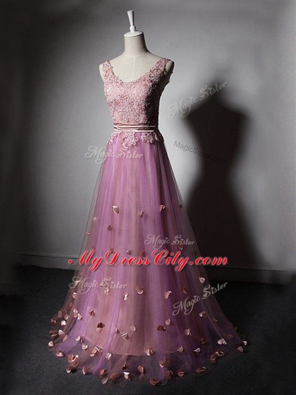 Custom Fit Lilac A-line Beading and Lace and Appliques and Hand Made Flower Prom Dress Lace Up Tulle Sleeveless