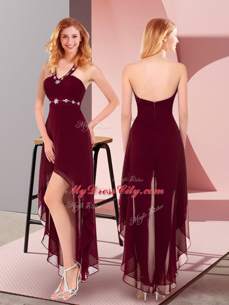 Halter Top Sleeveless Homecoming Dress High Low Beading Burgundy Chiffon