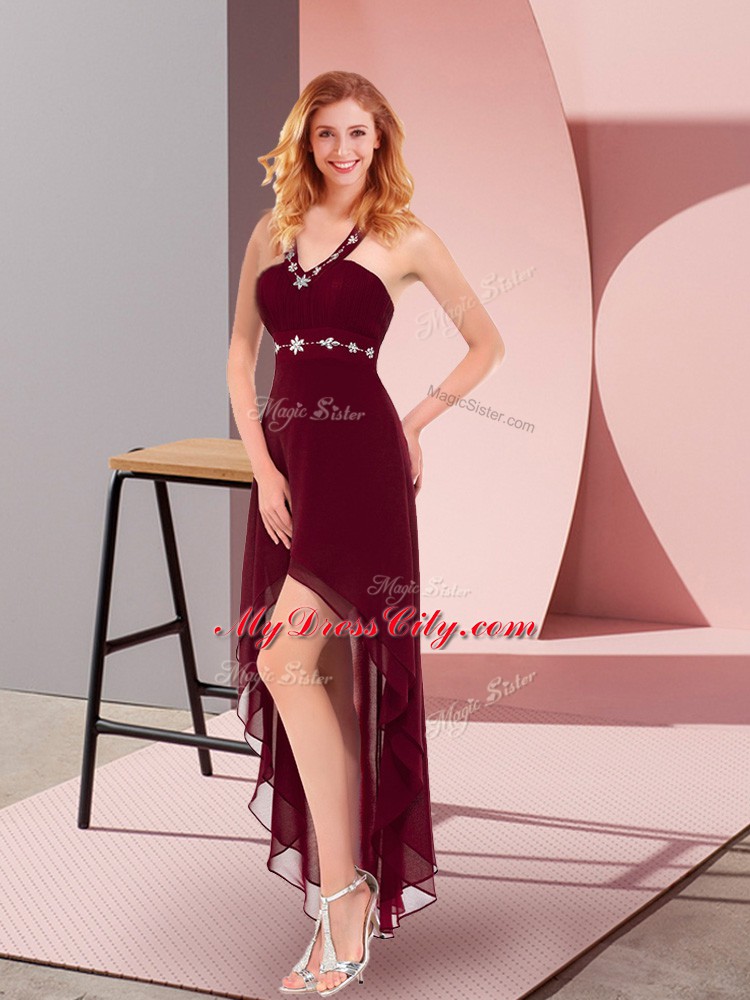 Halter Top Sleeveless Homecoming Dress High Low Beading Burgundy Chiffon