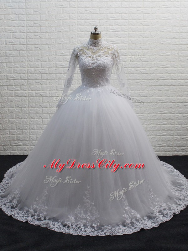 Long Sleeves Lace Clasp Handle Wedding Gown with White Brush Train