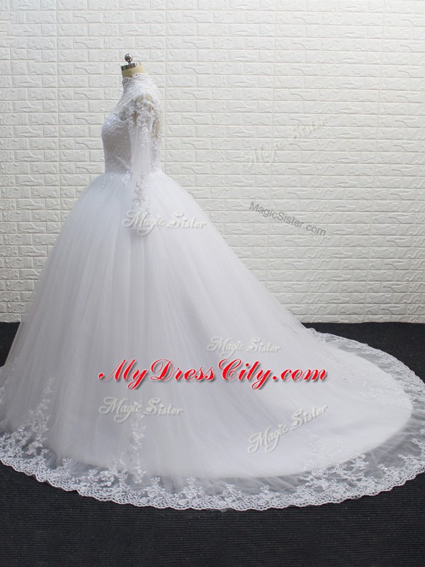 Long Sleeves Lace Clasp Handle Wedding Gown with White Brush Train