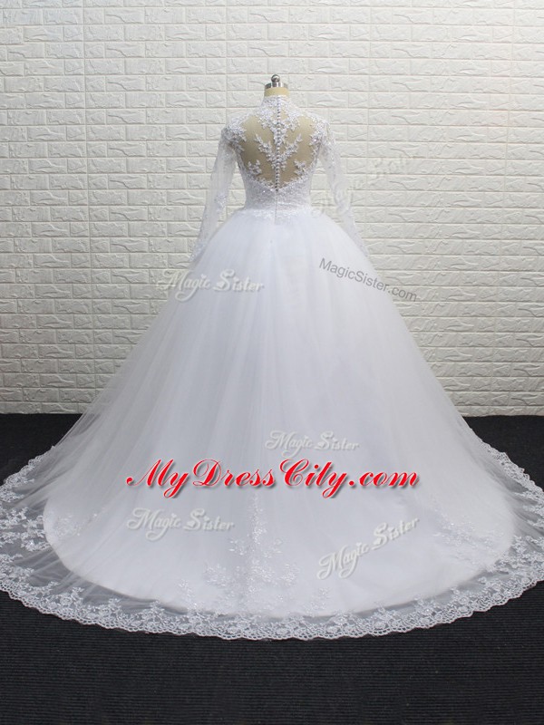 Long Sleeves Lace Clasp Handle Wedding Gown with White Brush Train