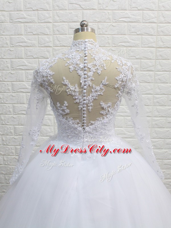 Long Sleeves Lace Clasp Handle Wedding Gown with White Brush Train