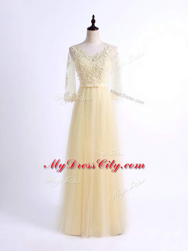 Light Yellow Half Sleeves Floor Length Lace Lace Up Dama Dress for Quinceanera