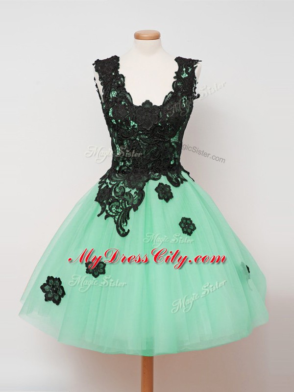 Turquoise Tulle Zipper Straps Sleeveless Knee Length Wedding Party Dress Lace