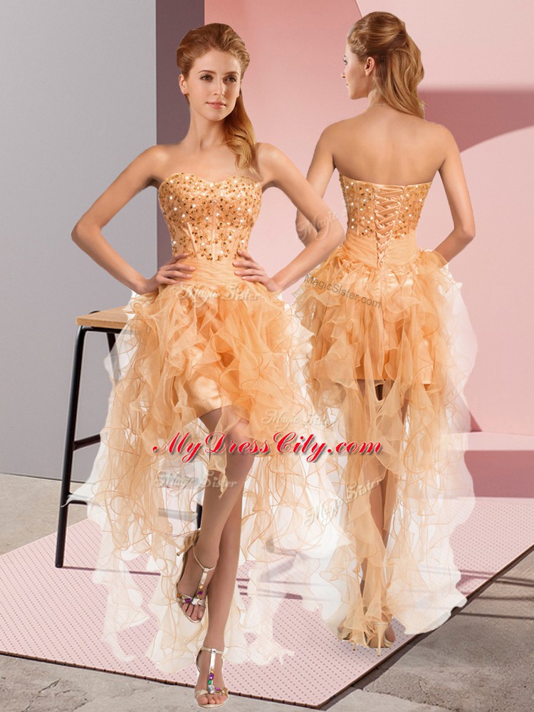 Attractive Sleeveless High Low Beading and Ruffles Lace Up Homecoming Dress with Gold