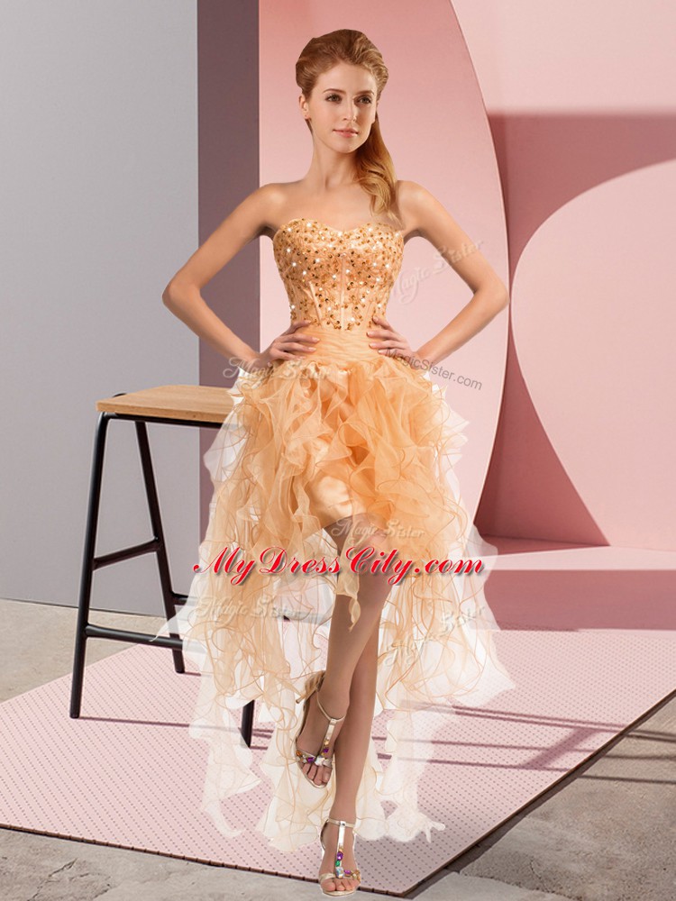 Attractive Sleeveless High Low Beading and Ruffles Lace Up Homecoming Dress with Gold