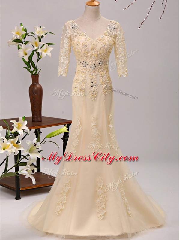 V-neck 3 4 Length Sleeve Tulle Mother of Groom Dress Beading and Lace and Appliques Brush Train Lace Up