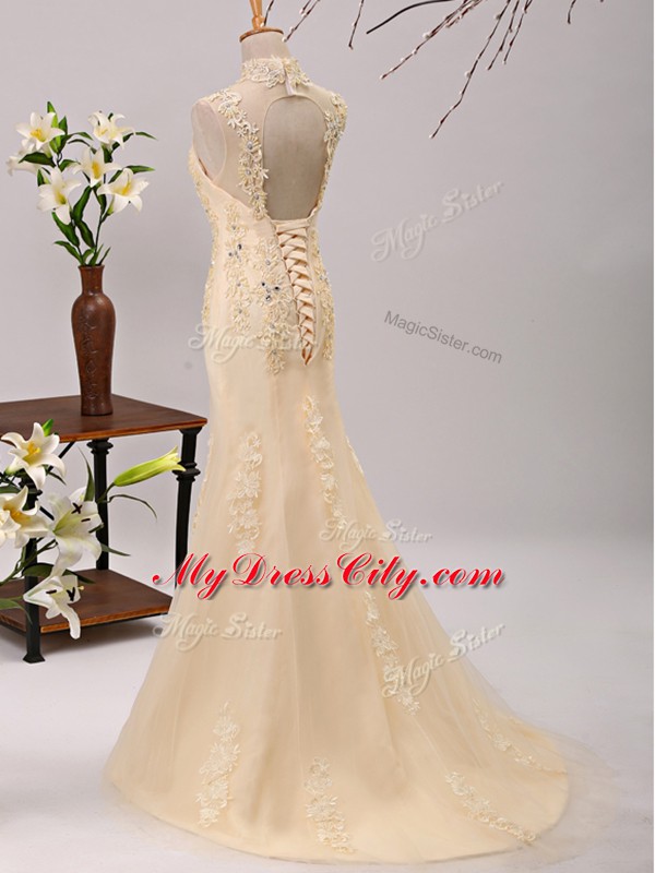 V-neck 3 4 Length Sleeve Tulle Mother of Groom Dress Beading and Lace and Appliques Brush Train Lace Up