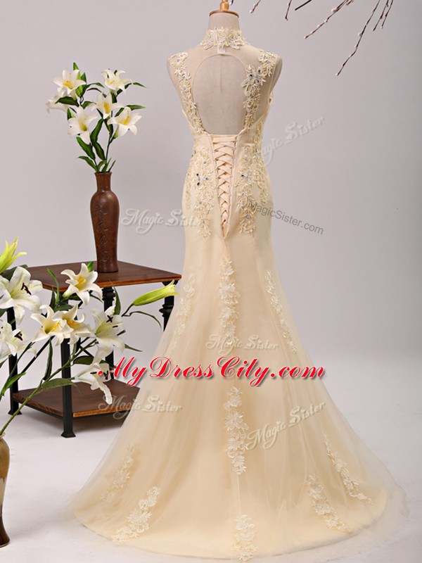 V-neck 3 4 Length Sleeve Tulle Mother of Groom Dress Beading and Lace and Appliques Brush Train Lace Up