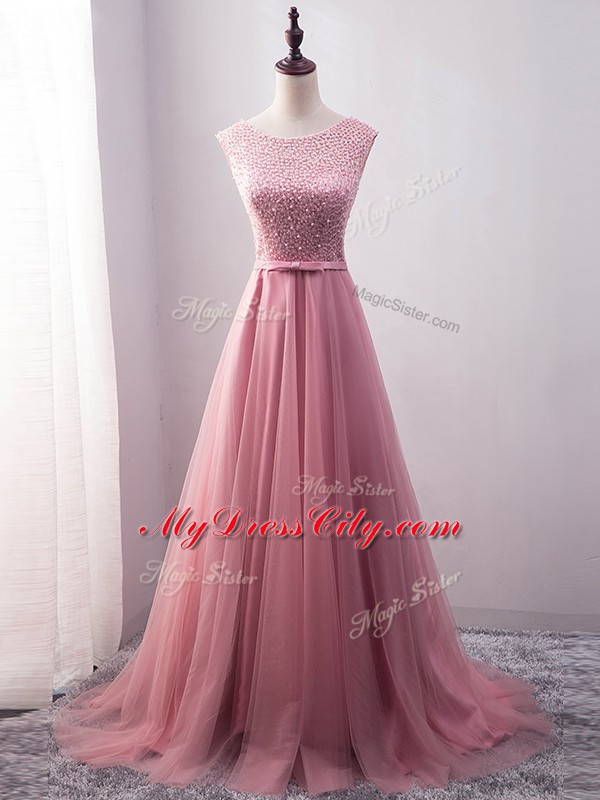 Classical Scoop Sleeveless Evening Party Dresses Brush Train Beading and Belt Pink Tulle