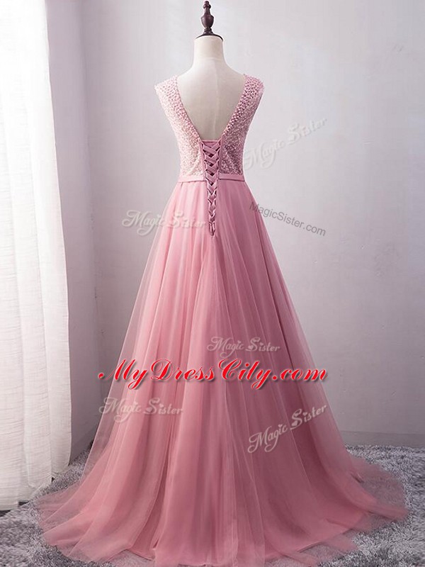 Classical Scoop Sleeveless Evening Party Dresses Brush Train Beading and Belt Pink Tulle